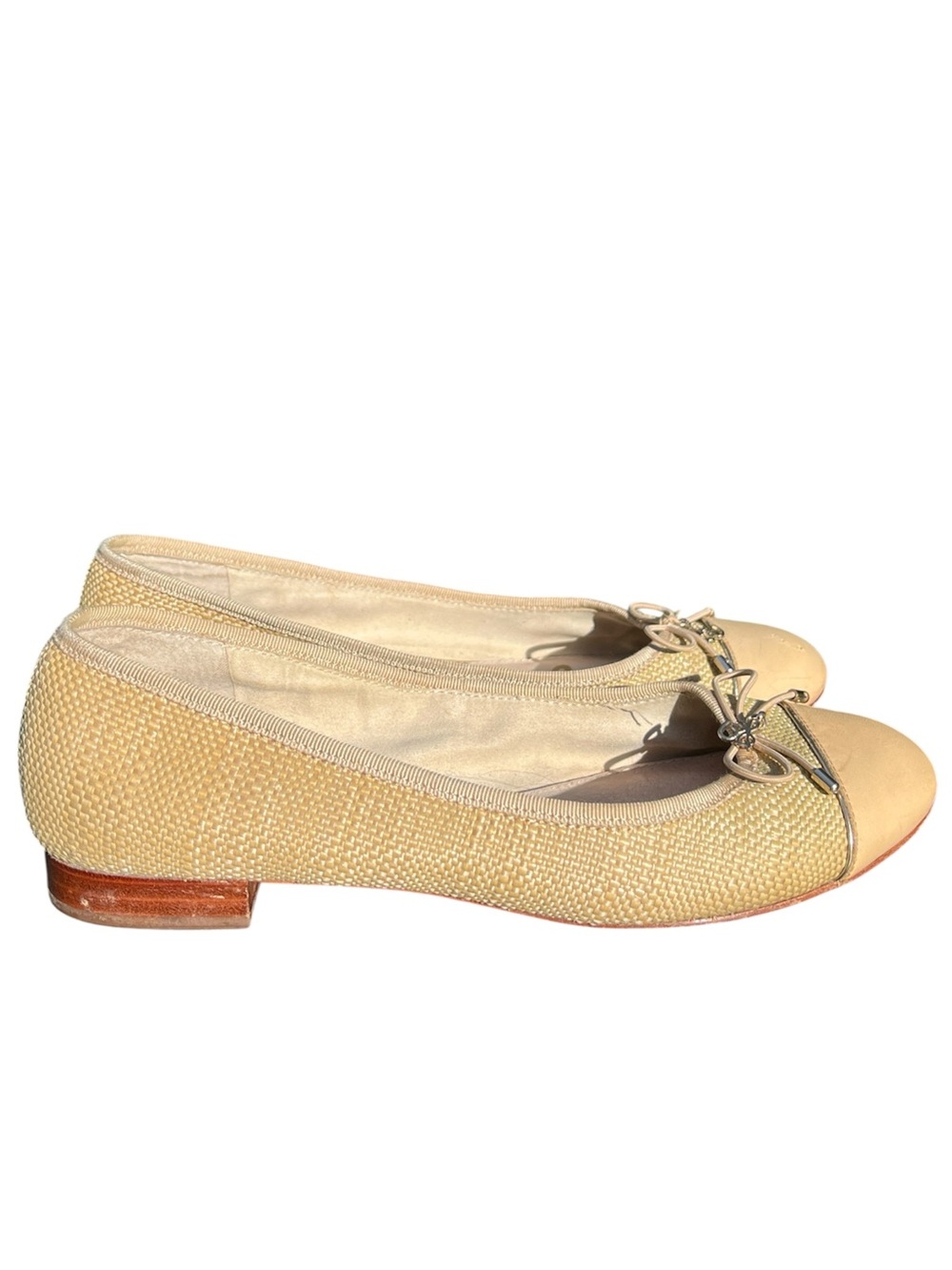 Sam Edelman Beige Raffia Ballet Flats with Bow Accent